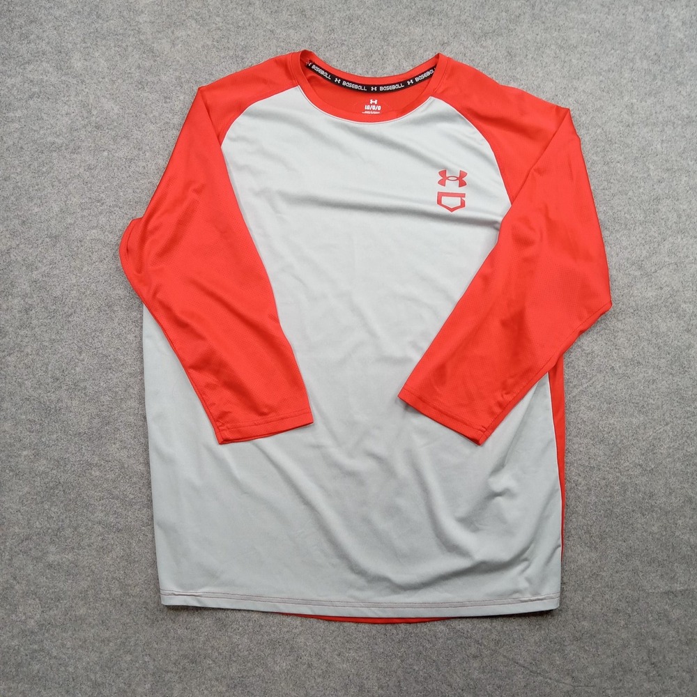 Under Armour‎ Shirt Mens Large Red Gray 3/4 Sleeve Baseball Raglan Top Jersey